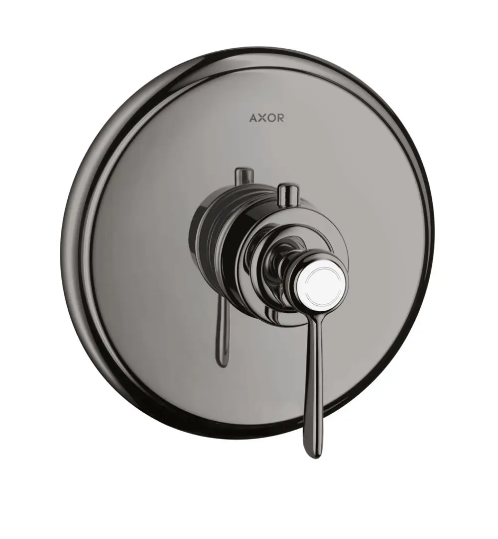 Thermostatarmatur mit Hebelgriff in Polished Black Chrome von AXOR. Die runde Wandplatte unterstützt die Installation in einem Badezimmer.